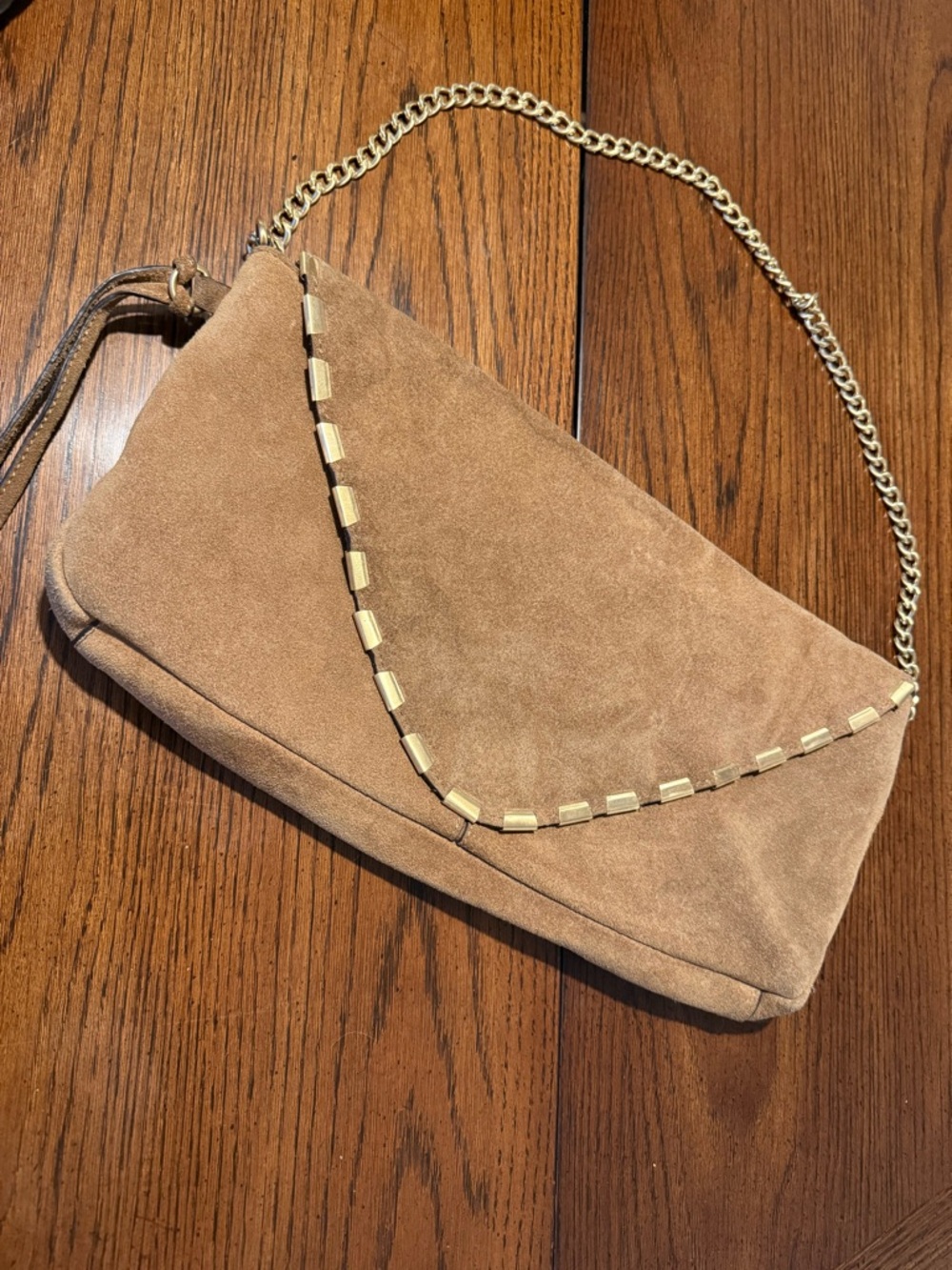 Vince Camuto Suede Envelope Shoulder Bag in Light Brown with Gold Chain